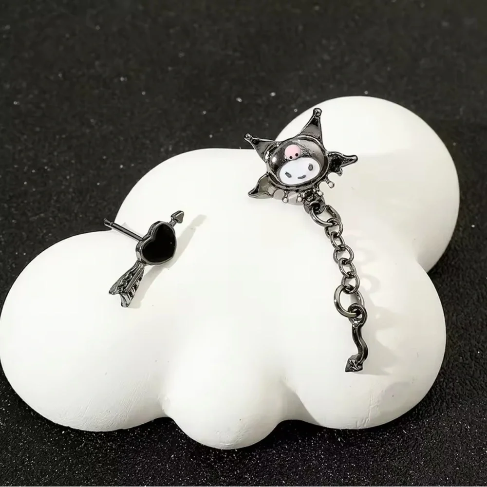 925 Sterling Silver Plated Kuromi Bat Wings Arrow & Heart Mismatch Stud Earrings